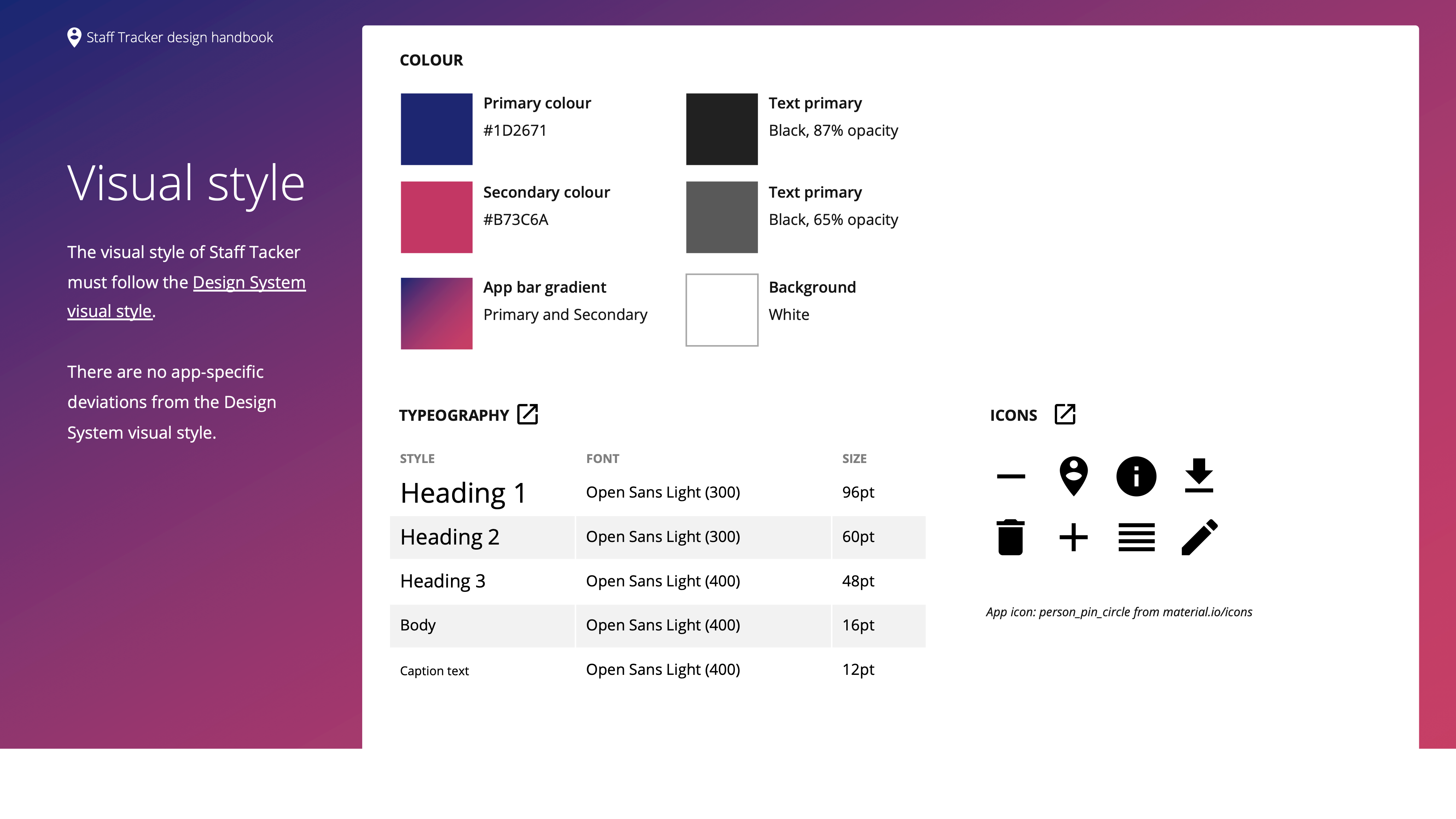 An image from the Design Handbook, around the Visual Styles within the app including colours, typography and iconography.